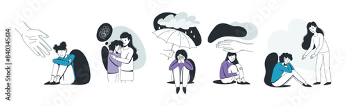 Help to Young Woman in Depression Feeling Sad Suffering from Mental Disorder Vector Set
