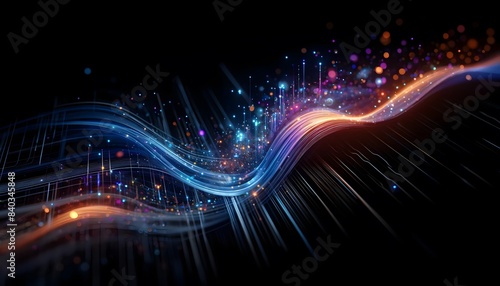 A digital landscape with flowing lines and colorful particles, showcasing advanced technology and dynamic data visualization in a futuristic setting.