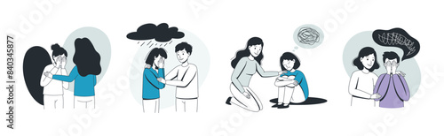 Help to Young Man and Woman in Depression Feeling Sad Suffering from Mental Disorder Vector Set