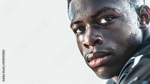 A portrait of an athlete in their gear, the white background emphasizing their focus and determination.