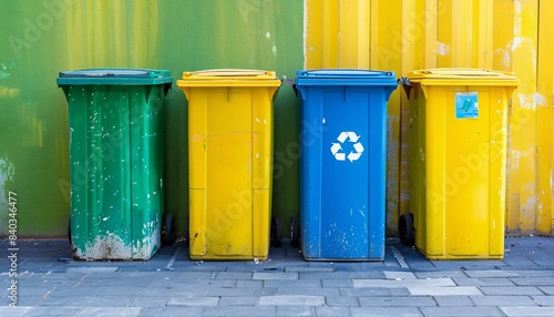 Colorful Recycling Bins Against a Vibrant Wall for Environmental Awareness and Waste Management Concepts © owen
