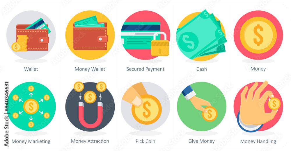 A set of 10 Shopping icons as wallet, money wallet, secured payment A set of 10 Shopping icons as wallet, money wallet, secured payment