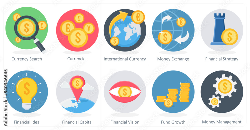A set of 10 Shopping icons as currency search, currencies, international currency