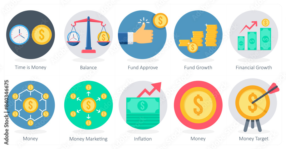 A set of 10 Shopping icons as time is money, balance, fund approve