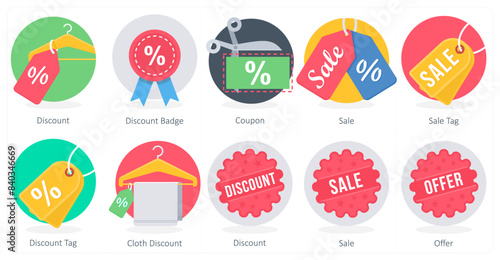 A set of 10 Shopping icons as discount, discount badge, coupon