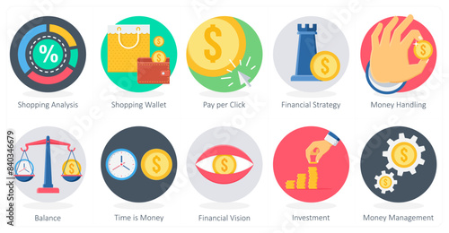 A set of 10 Shopping icons as shopping analysis, shopping wallet, pay per click