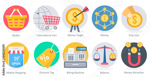 A set of 10 Shopping icons as basket, international cart, money target