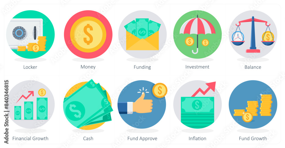 A set of 10 Shopping icons as locker, money, funding A set of 10 Shopping icons as locker, money, funding