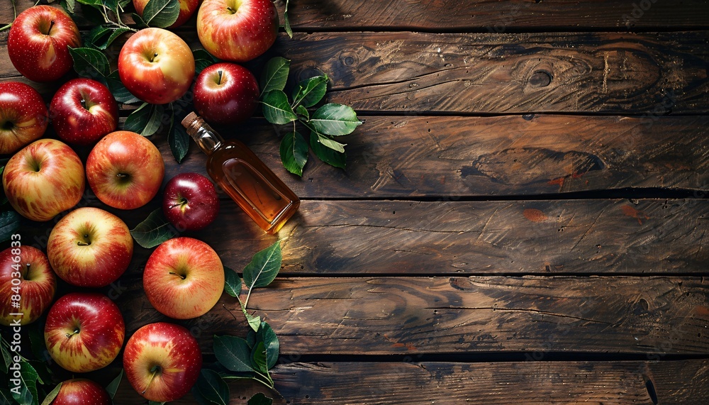 Fresh Red Apples and a Bottle of Apple Cider Vinegar on Rustic Wooden Table with Green Leaves, Top View, Healthy Organic Food Concept, Autumn Harvest, Natural Ingredients for Cooking and Baking Fresh Red Apples and a Bottle of Apple Cider Vinegar on Rustic Wooden Table with Green Leaves, Top View, Healthy Organic Food Concept, Autumn Harvest, Natural Ingredients for Cooking and Baking