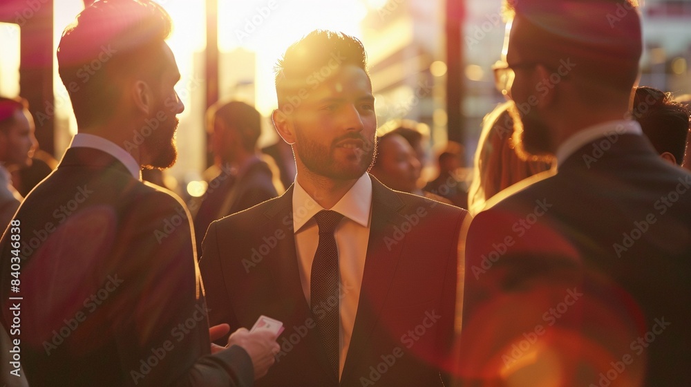 Obraz premium Three businessmen engage in conversation at sunset image. Professional relaxed atmosphere photography scene wallpaper. Business interactions, networking concept photorealistic photo