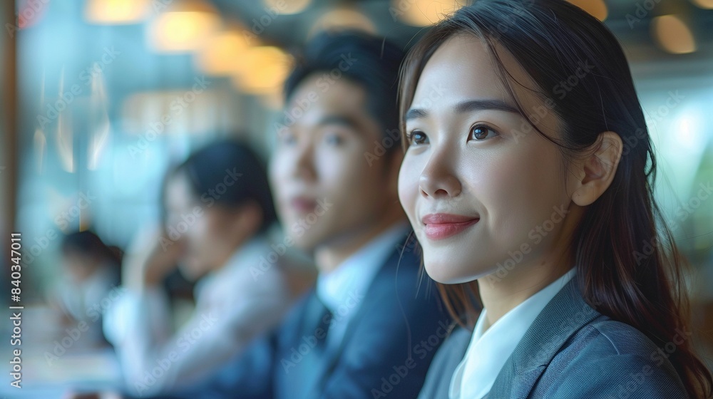 custom made wallpaper toronto digitalYoung asian professional listens attentively during meeting portrait image. Colleagues in well-lit modern office picture photorealistic. Focus and professionalism concept photo realistic