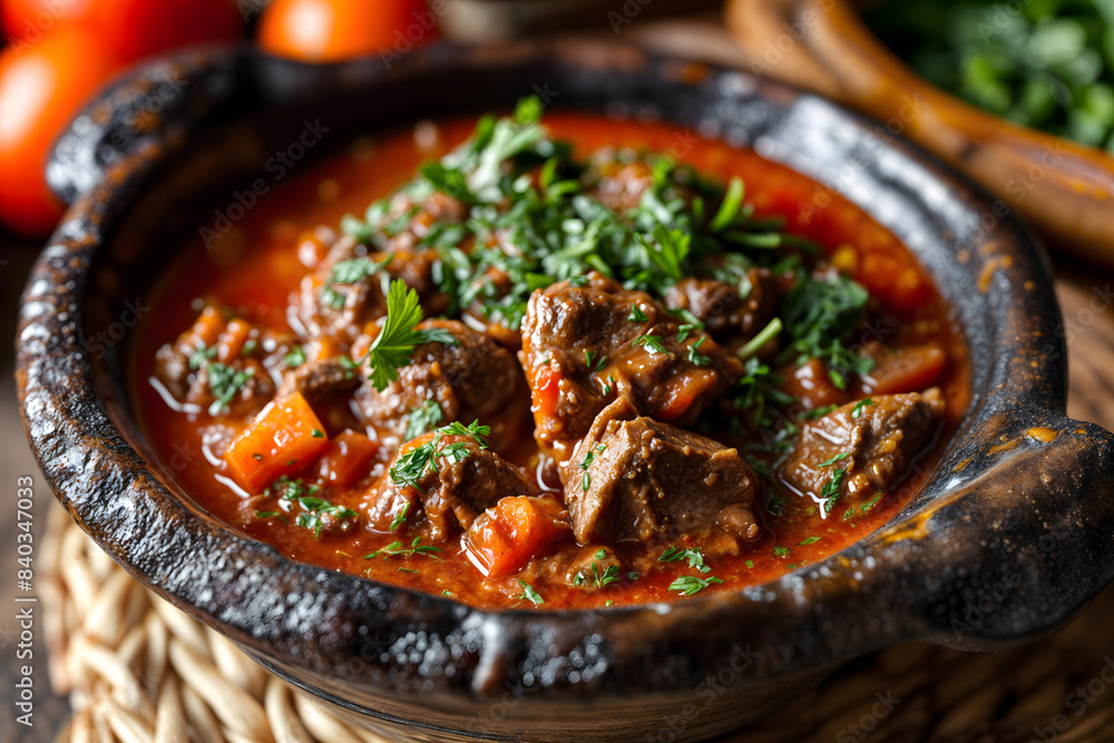 Traditional beef stew served in a rustic black pot. Generative AI image Traditional beef stew served in a rustic black pot. Generative AI image