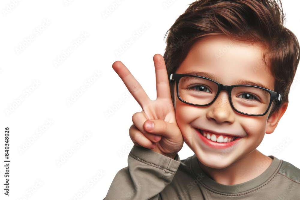 Funny smiling boy showing peace sign Isolated on white background Funny smiling boy showing peace sign Isolated on white background
