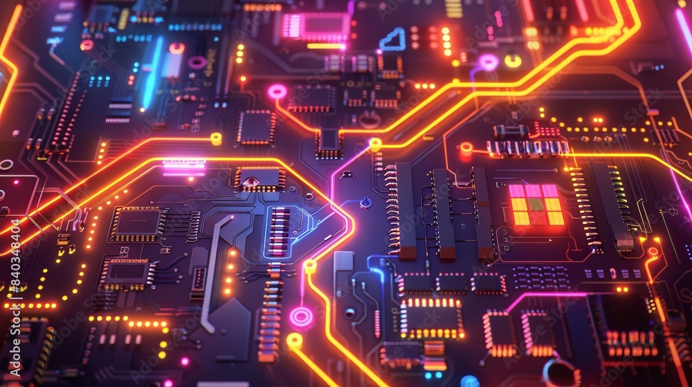 Neon Future - Abstract Composition of Colorful Circuit Board with Futuristic Neon Lights Neon Future - Abstract Composition of Colorful Circuit Board with Futuristic Neon Lights