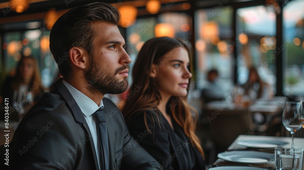 Caucasian man and woman in business attire sit side by side at restaurant image. Formal, sophisticated atmosphere photography scene. Corporate meeting concept photorealistic photo Caucasian man and woman in business attire sit side by side at restaurant image. Formal, sophisticated atmosphere photography scene. Corporate meeting concept photorealistic photo