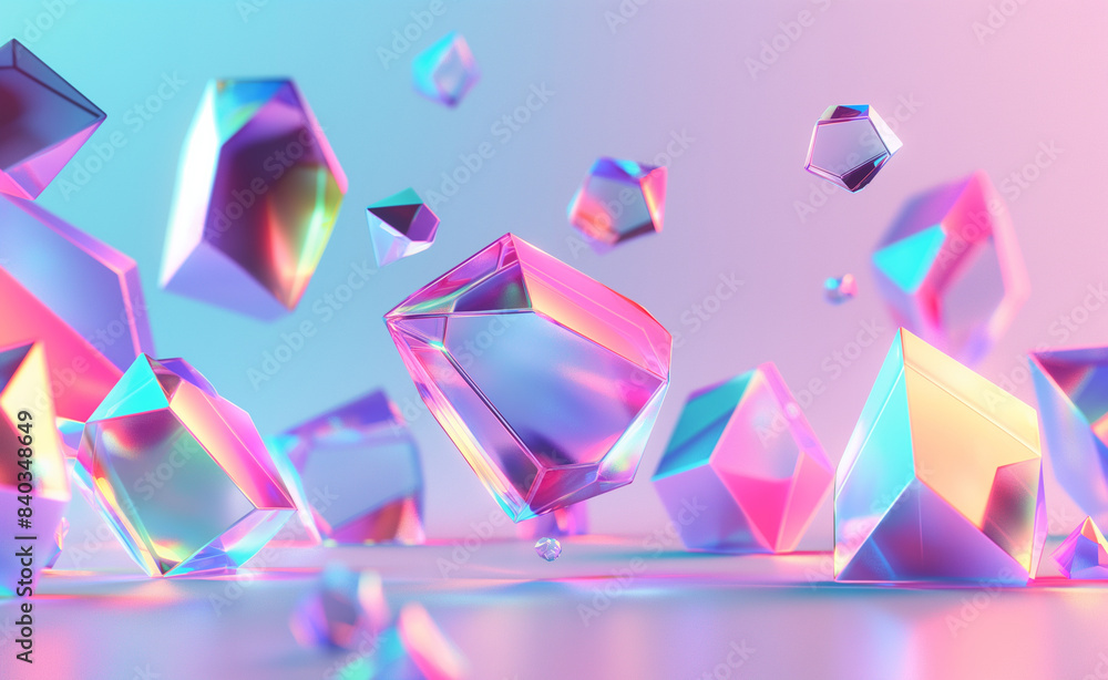 An array of geometric crystal spheres and shapes reflecting vibrant pastel lights, creating a surreal and luminous effect. An array of geometric crystal spheres and shapes reflecting vibrant pastel lights, creating a surreal and luminous effect.