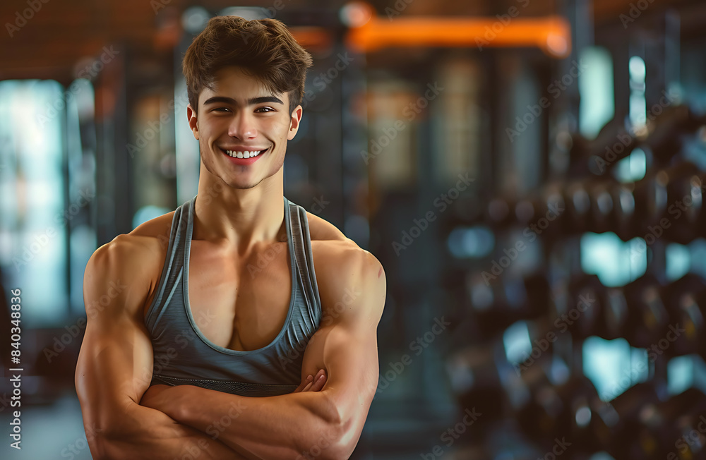 Fototapeta premium smiling athletic young man on gym background