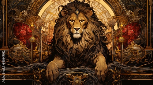 Conceptual of Tarot Card The Emperor, King Lion on Throne  A regal lion with a magnificent mane sits majestically on an ornate throne, surrounded by intricate golden details. photo