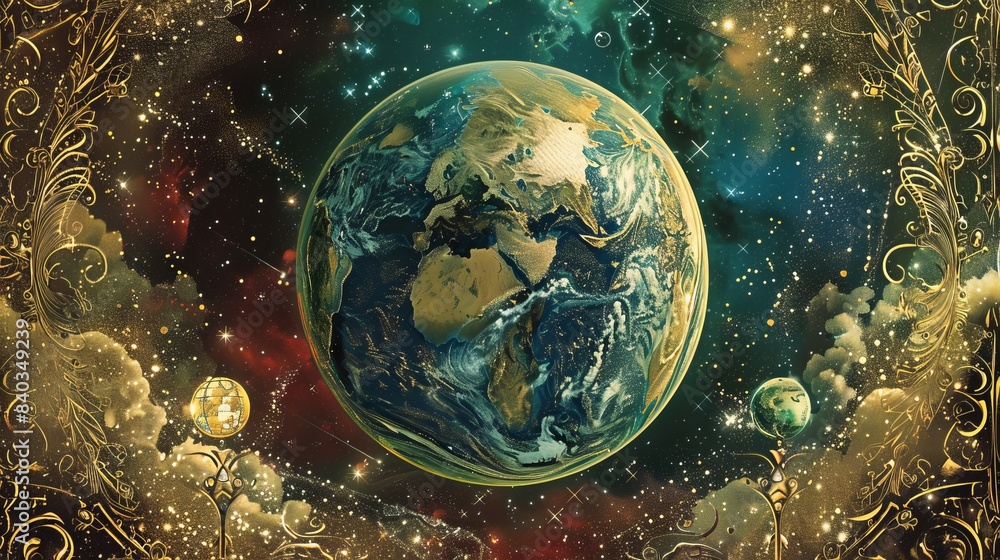 Obraz premium Conceptual of tarot card the world, Golden Earth in Celestial Splendor, celestial background, capturing the grandeur and beauty of our planet in the cosmos.
