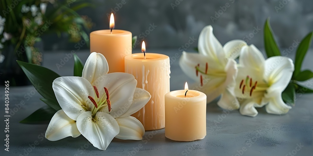 Funeral banner design with candles lilies and grey background for a somber event. Concept Funeral Design, Banner, Candles, Lilies, Grey Background Funeral banner design with candles lilies and grey background for a somber event. Concept Funeral Design, Banner, Candles, Lilies, Grey Background
