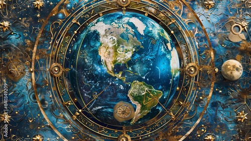 conceptual of tarot card the world  Ornate Cosmic Earth  A detailed and ornate artwork featuring Earth at the center  surrounded by celestial elements and intricate golden designs