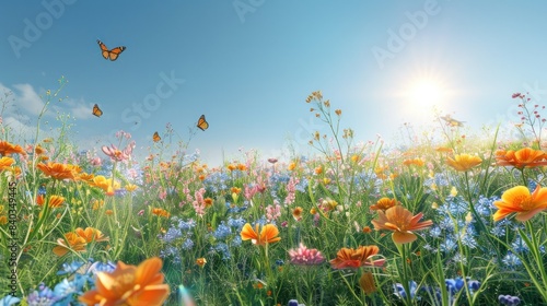 A serene and vibrant meadow filled with tall grass and a vibrant array of wildflowers under a clear blue sky  Butterflies flit from flower to flower and bees buzz lazily in the warm