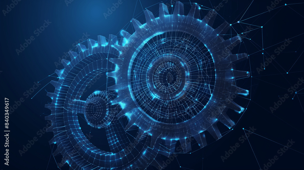 Vector wireframe illustration of a gear on a dark blue background. Mechanical technology machine engineering symbol. Project development, engine work, business plan illustration