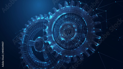 Obraz na płótnie Vector wireframe illustration of a gear on a dark blue background. Mechanical technology machine engineering symbol. Project development, engine work, business plan illustration w salonie