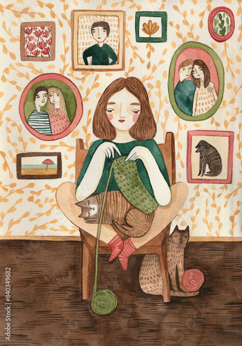 A woman sitting on a chair and knitting