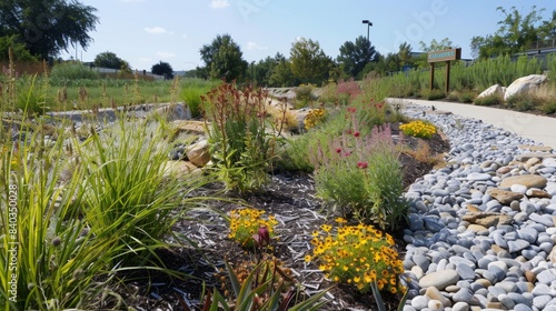 Serene Urban Oasis Native Rain Garden with EcoFriendly Stormwater Management and Educational Signage