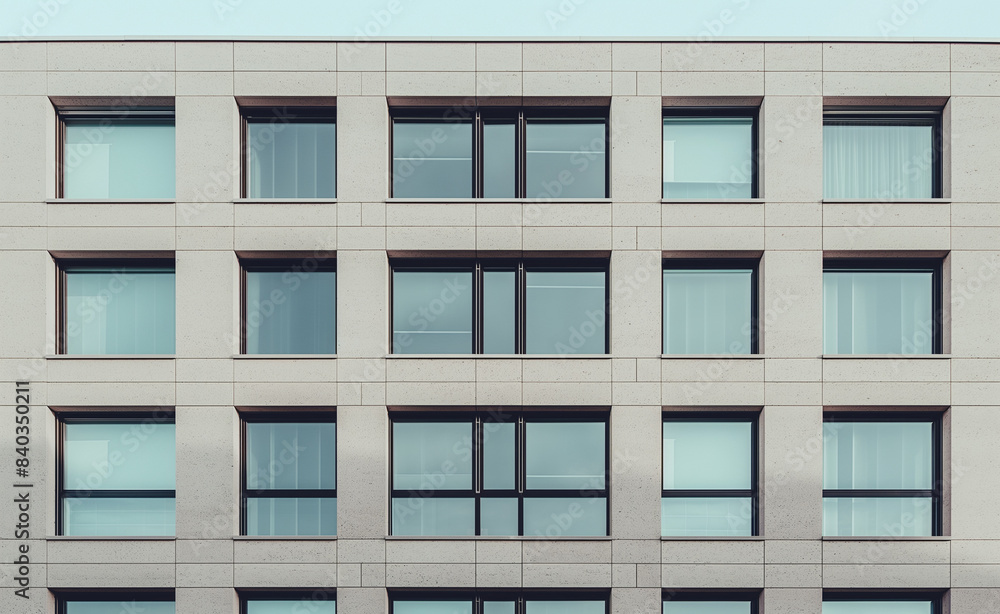 A symmetrical facade of a modern building with evenly spaced windows, showcasing a minimalist architectural design. A symmetrical facade of a modern building with evenly spaced windows, showcasing a minimalist architectural design.