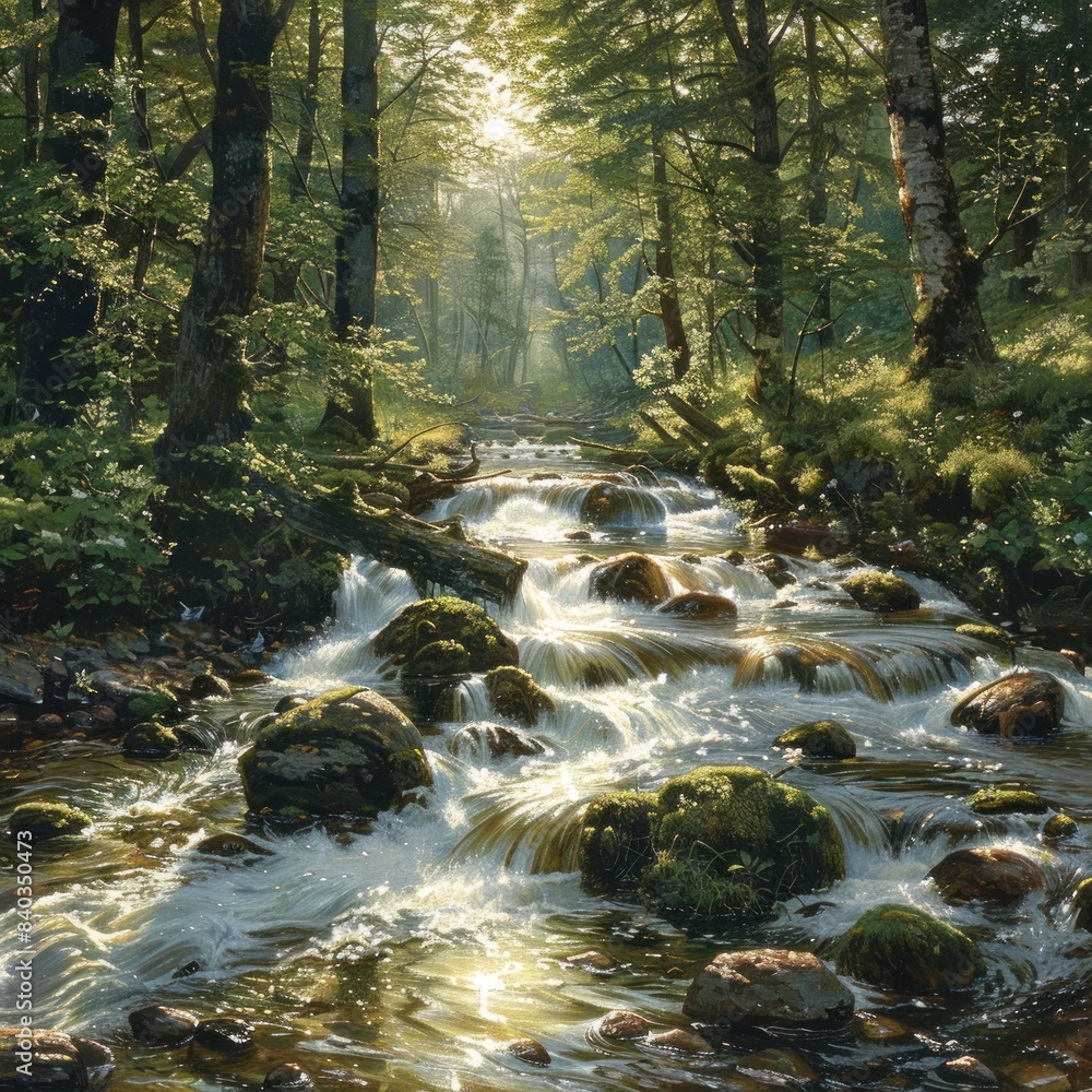 Tranquil mountain stream flowing through a dense lush forest with sunlight filtering through the trees and sparkling on the surface of the gently flowing water