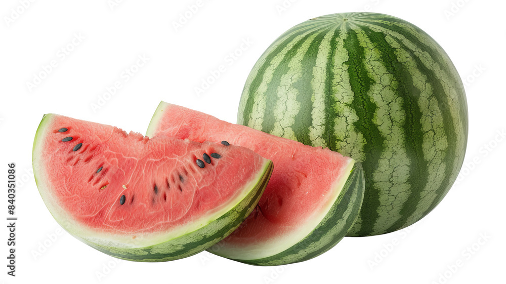 Fresh whole watermelon and two juicy slices isolated on white background. Perfect for summer, diet, and healthy eating concepts. Fresh whole watermelon and two juicy slices isolated on white background. Perfect for summer, diet, and healthy eating concepts.