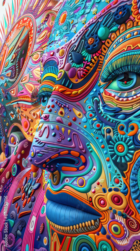 Illustrate a close-up of vibrant, surreal street art depicting diverse cultural festivals, with intricate details in a digital graffiti style