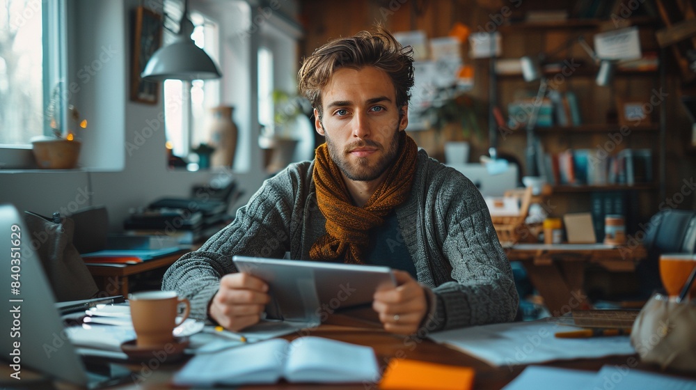 Bearded man with scarf sits in cozy well-lit home office portrait image. Holding tablet. Desk cluttered with papers and coffee picture photorealistic. Working remotely concept photo Bearded man with scarf sits in cozy well-lit home office portrait image. Holding tablet. Desk cluttered with papers and coffee picture photorealistic. Working remotely concept photo