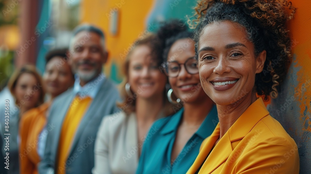 Diverse group of professionals dressed in vibrant colors image. Foreground woman in yellow blazer smiles confidently photography scene. Teamwork and positivity concept photorealistic Diverse group of professionals dressed in vibrant colors image. Foreground woman in yellow blazer smiles confidently photography scene. Teamwork and positivity concept photorealistic