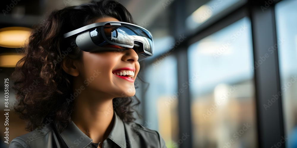 Smiling woman in VR glasses with blurred office background in portrait. Concept Technology, Virtual Reality, Office Background, Smiling Woman, Portrait Smiling woman in VR glasses with blurred office background in portrait. Concept Technology, Virtual Reality, Office Background, Smiling Woman, Portrait