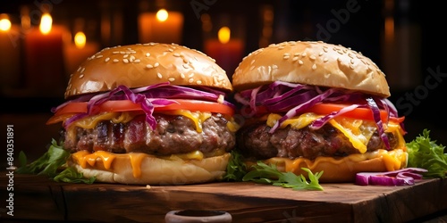 Neonthemed double beef burger with cheddar cheese on colorful background for advertising. Concept Food Photography  Neon Theme  Double Beef Burger  Cheddar Cheese  Colorful Background  Advertising