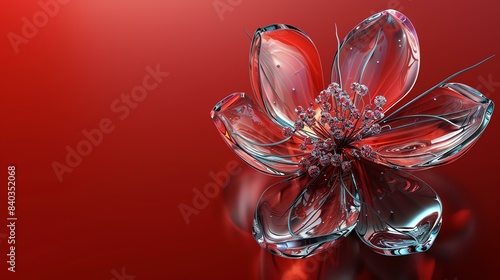 3D rendering of a beautiful red crystal flower with intricate details and a glowing light effect on a matching red background.
