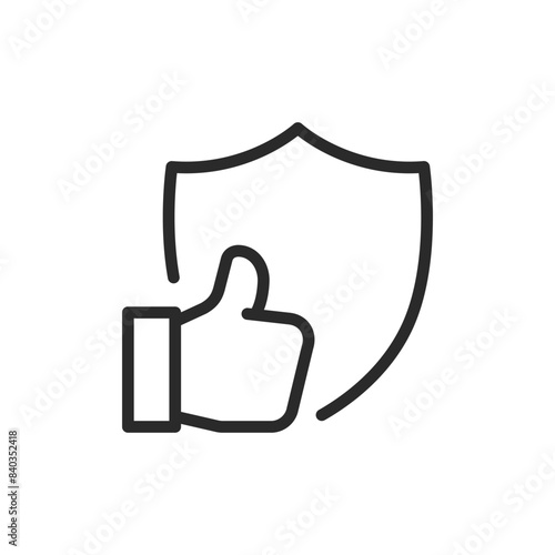 Thumbs up with shield, linear style icon. Symbol for approval, trust, and security. Editable stroke width.