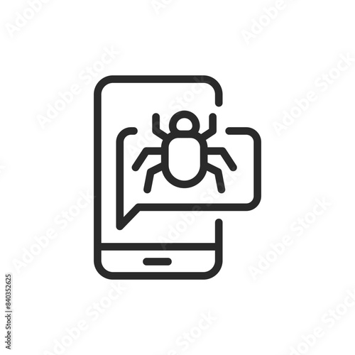 Mobile phone with bug, linear style icon. mobile security threat or malware. Editable stroke width.