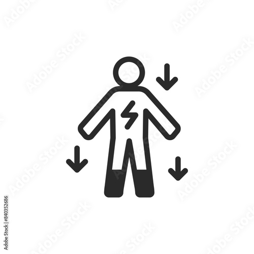 Decrease in body energy, linear style icon. Person with lightning bolt and low energy levels. fatigue and low vitality. Editable stroke width