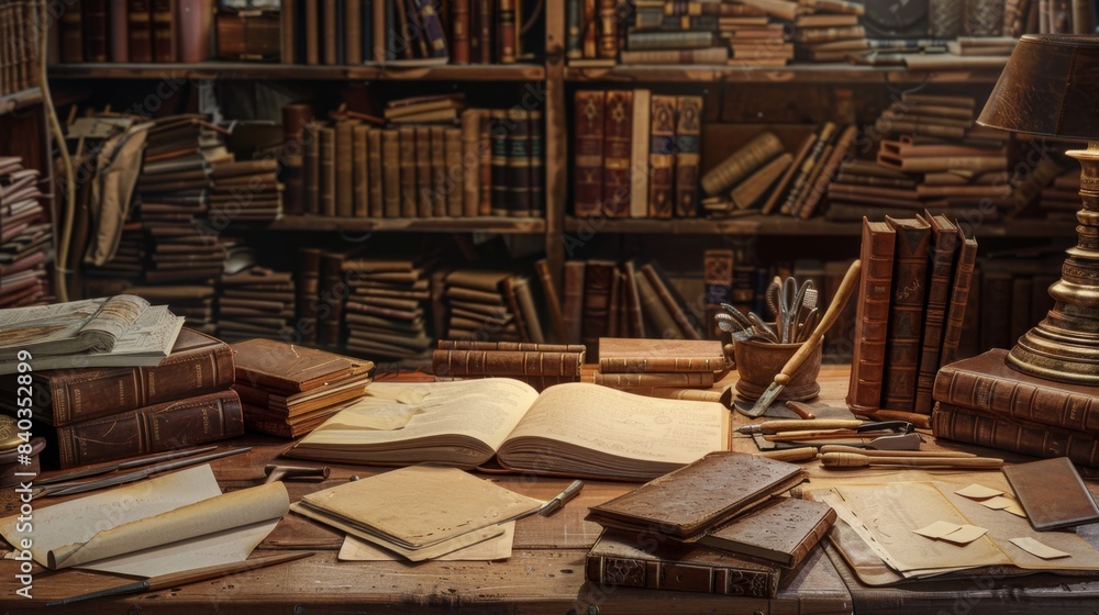 Obraz premium Artisanal Craftsmanship Vintage Bookbinders Workshop with Leatherbound Books Business Cards and Tools