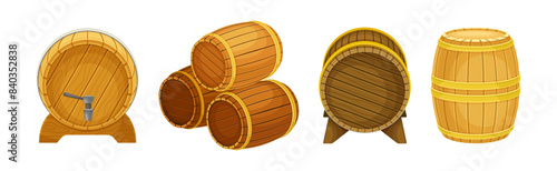 Wooden Barrel or Cask for Brewing Alcohol Vector Set