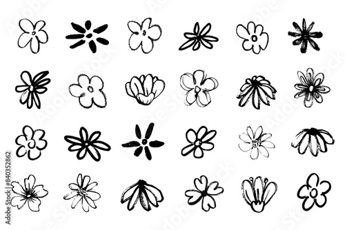 Grunge brush flowers. Scribble ink grunge chamomile flowers icons drawn with markers and crayons 