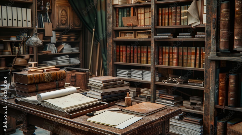 Obraz premium Artisanal Craftsmanship Vintage Bookbinders Workshop with Leatherbound Books Business Cards and Tools