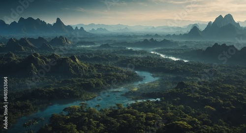 aerial view alien planet jungle landscape banner copyspace background