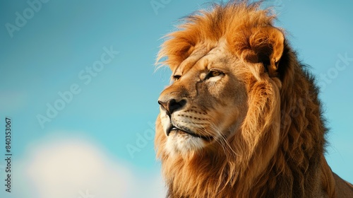 majestic lion with a golden mane  looking proud and regal against a clear blue sky.