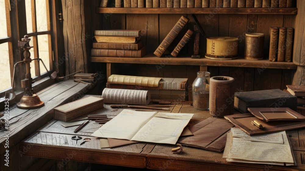 Artisanal Bookbinding Handcrafted Leatherbound Books Business Cards and Tools in Traditional Studio Setting Vintage Craftsmanship and Creativity Artisanal Bookbinding Handcrafted Leatherbound Books Business Cards and Tools in Traditional Studio Setting Vintage Craftsmanship and Creativity