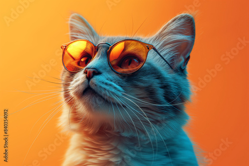 Stylish Cat in Orange Sunglasses. Close-up of a grey cat wearing reflective orange sunglasses against an orange backdrop, perfect for pet fashion themes.
